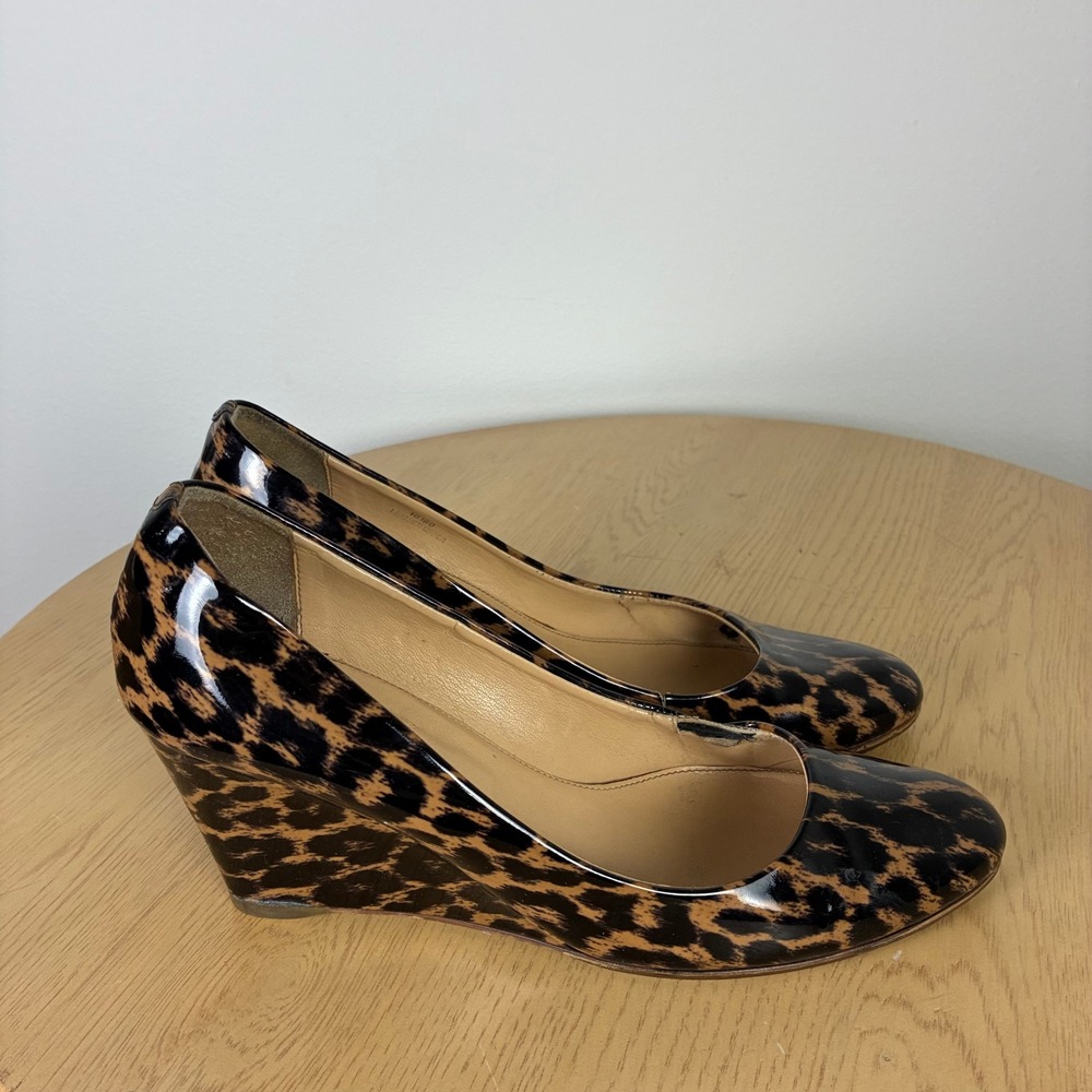 J.Crew Leopard Patent Leather Wedge Pumps Almond Toe Women's Size 9 Glam Chic